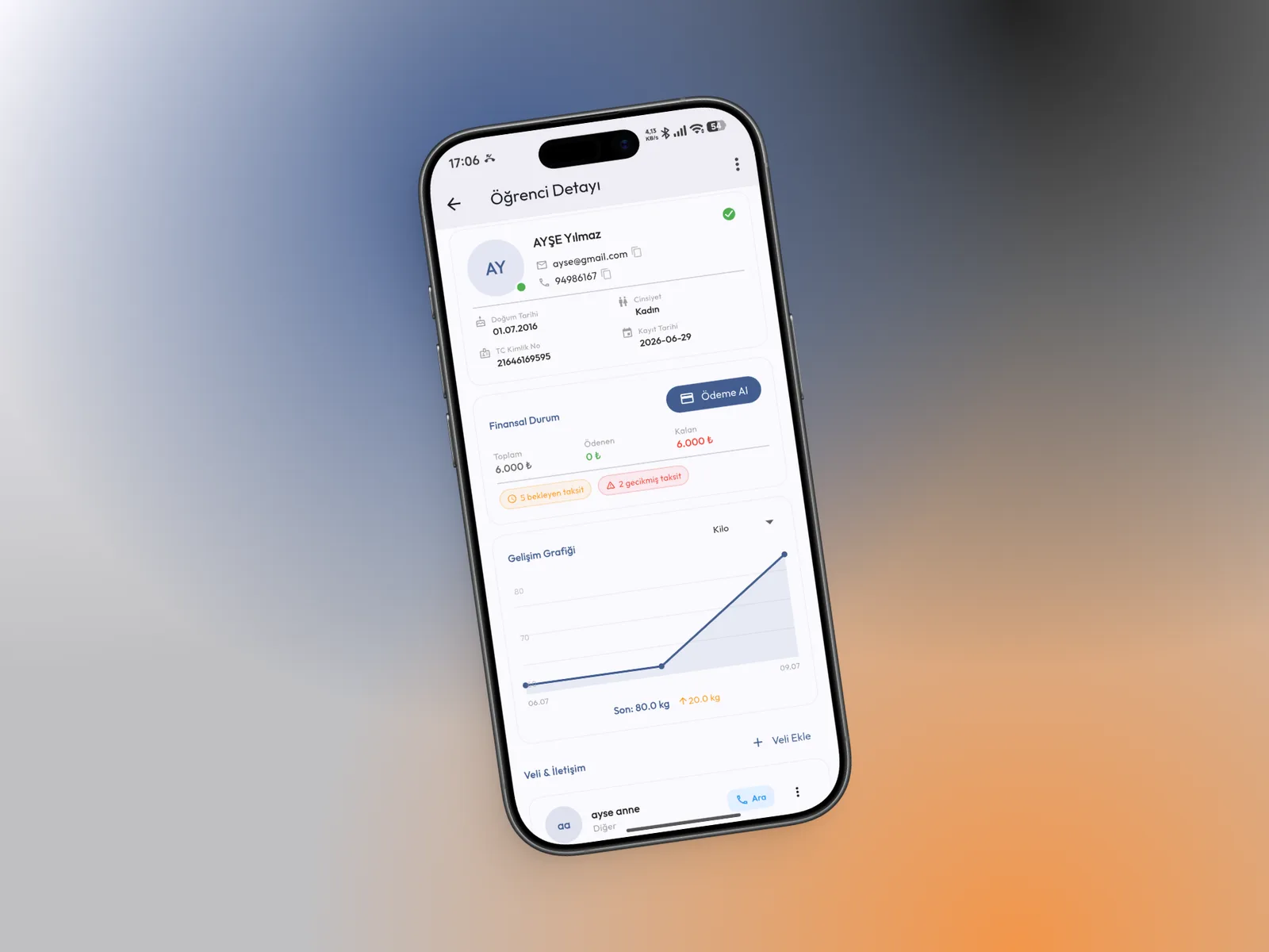 Kursigo mobil uygulaması — öğrenci detayı, finansal durum ve gelişim grafiği