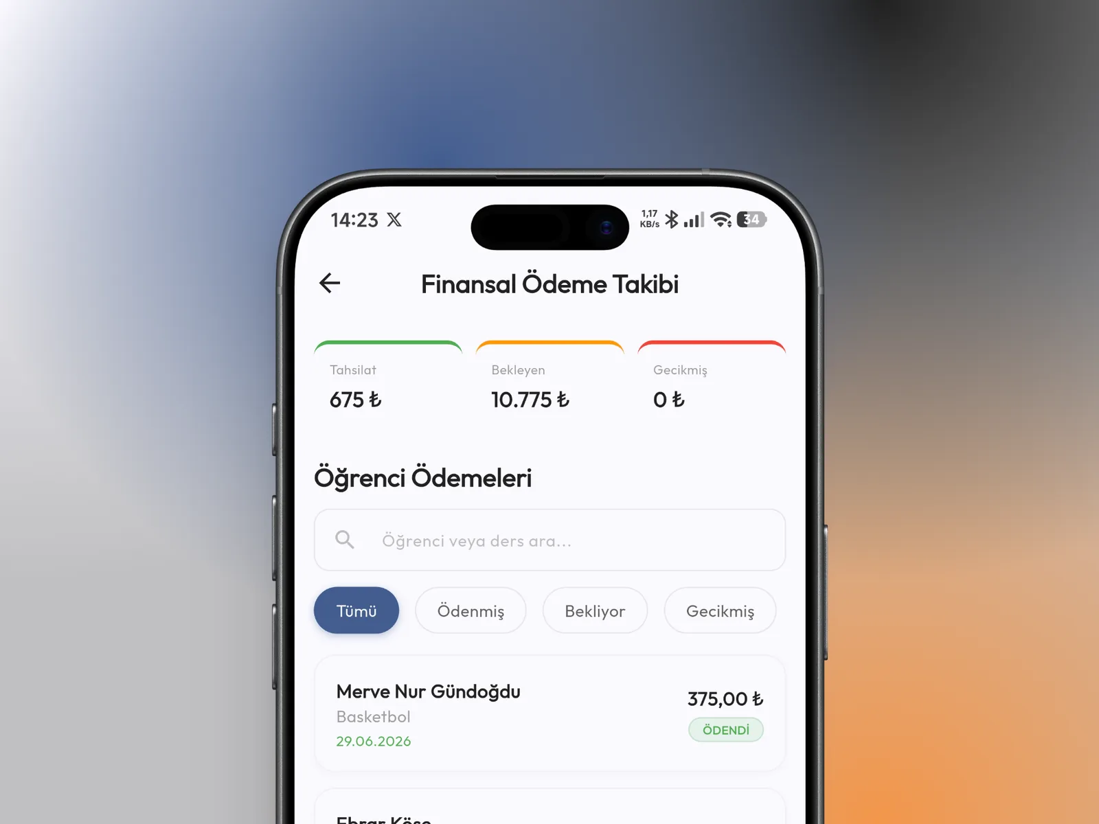 Kursigo mobil uygulaması — finansal ödeme takibi ekranı