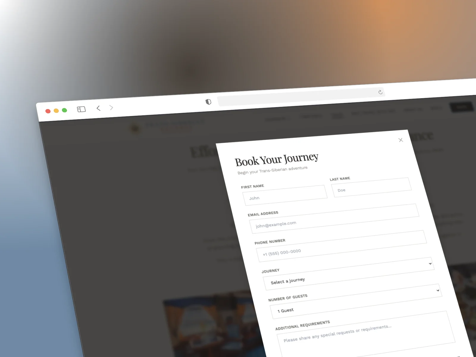 Trans-Siberian Express web sitesi — rezervasyon talep formu