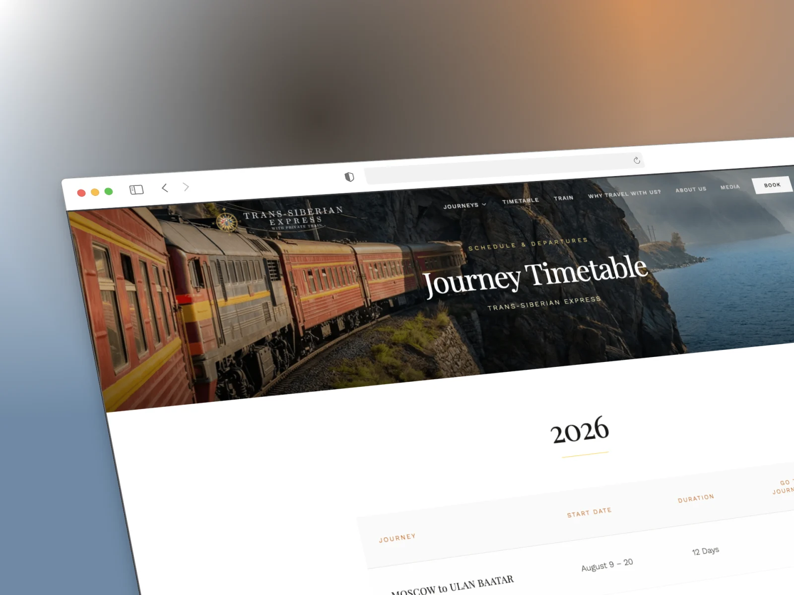 Trans-Siberian Express web sitesi — sefer takvimi sayfası