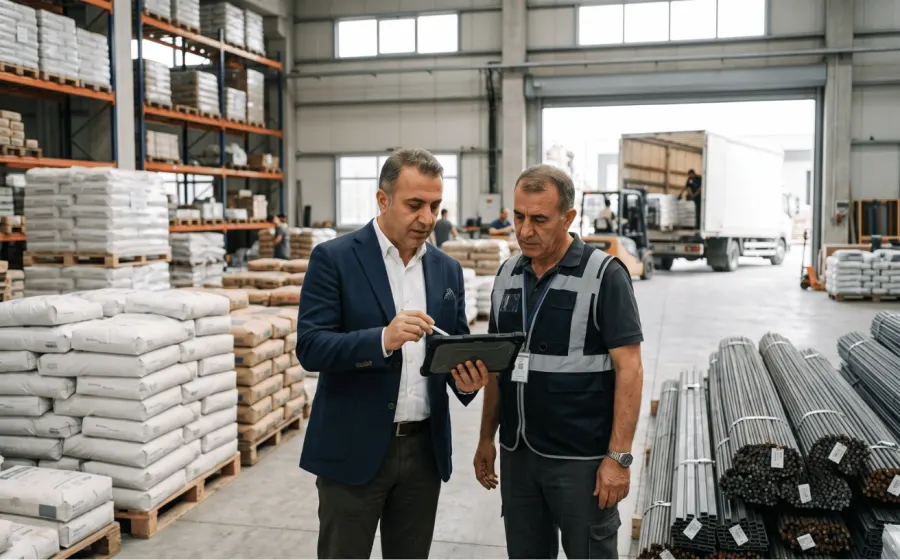 Şantiye deposunda tablet üzerinden sipariş konuşan iki kişi