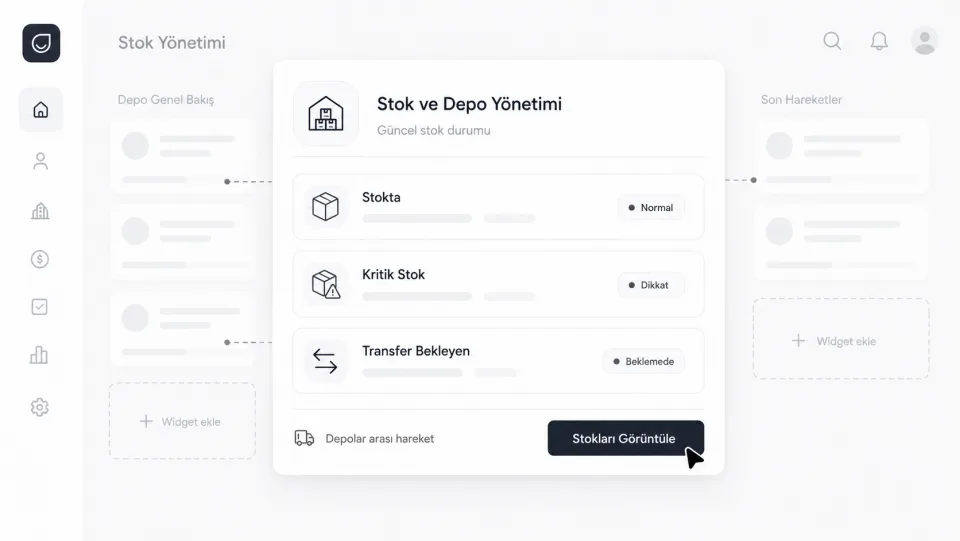 Stock and warehouse management screen: in-stock, critical stock and items awaiting transfer