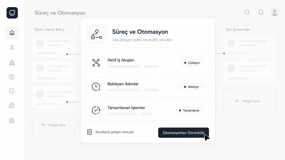 Process automation screen: active workflows, pending steps and completed operations