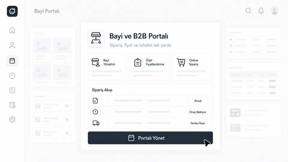 Bayi portalı ekranı: bayi yönetimi, özel fiyatlandırma, online sipariş ve sipariş akışı