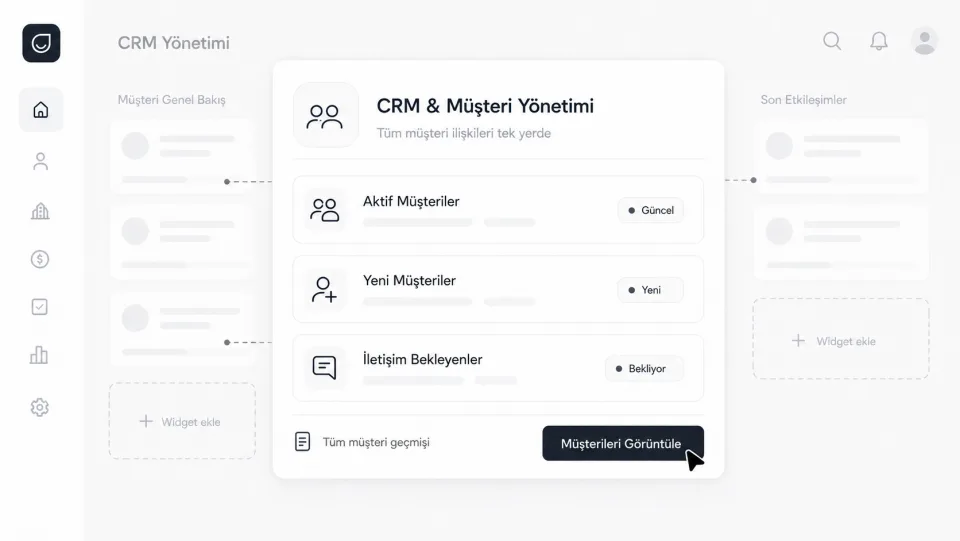 CRM ekranı: aktif müşteriler, yeni müşteriler ve iletişim bekleyen kayıtlar
