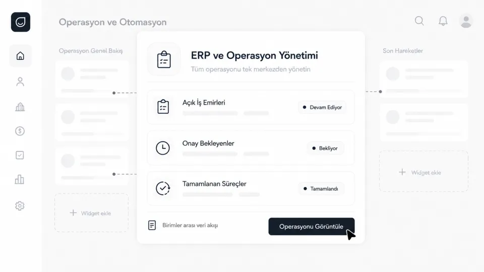 ERP ve operasyon ekranı: açık iş emirleri, onay bekleyenler ve tamamlanan süreçler