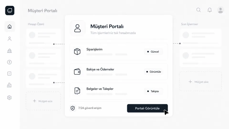 Müşteri portalı ekranı: siparişlerim, bakiye ve ödemeler, belgeler ve talepler