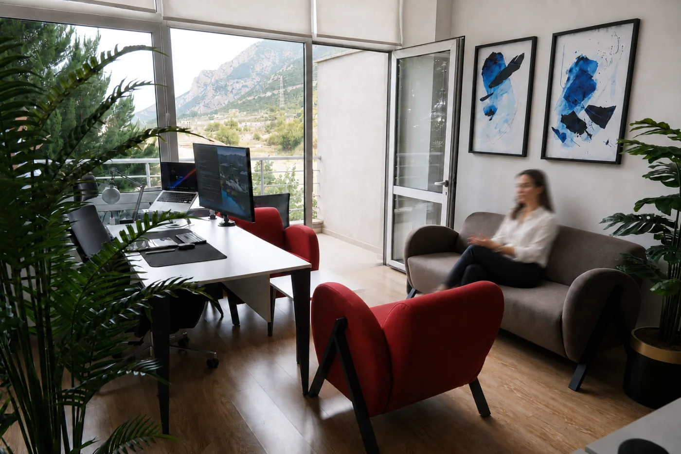 The seating area by the office windows, looking out over Denizli